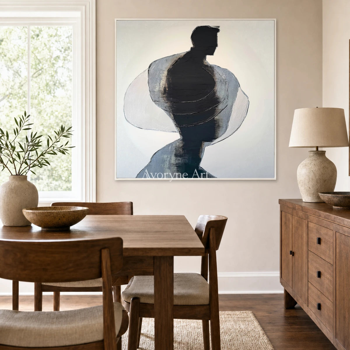 Obsidian Turning: Black Gestural Texture Square Abstract Wall Art — dining white