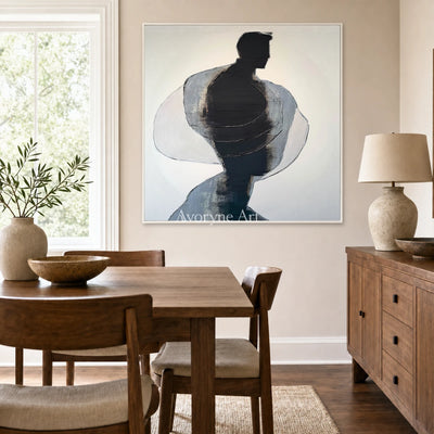 Obsidian Turning: Black Gestural Texture Square Abstract Wall Art — dining white
