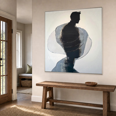 Obsidian Turning: Black Gestural Texture Square Abstract Wall Art — entry silver