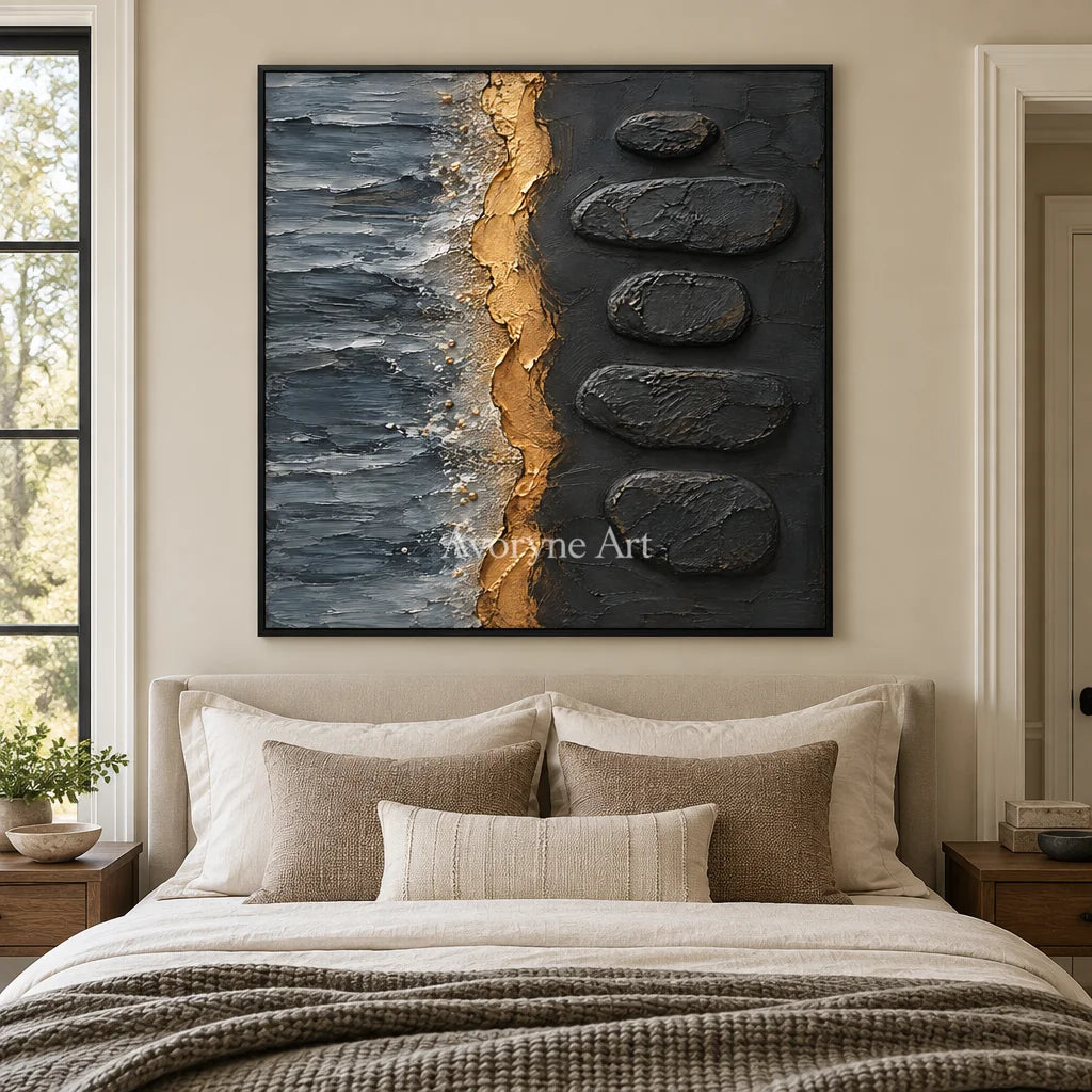 Gilded Cairn: Black Gold Abstract Art — bedroom black