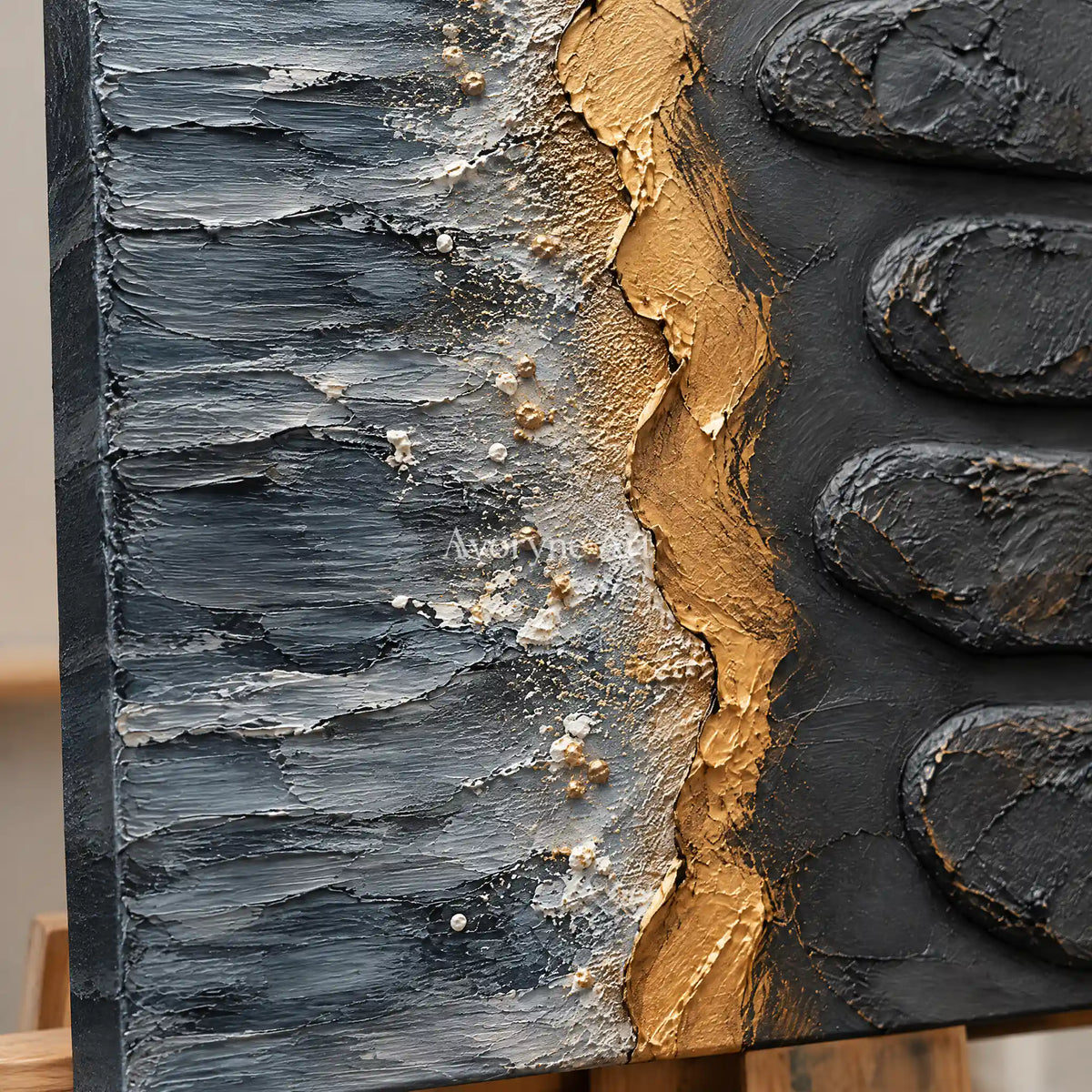 Gilded Cairn: Black Gold Abstract Art — detail easel