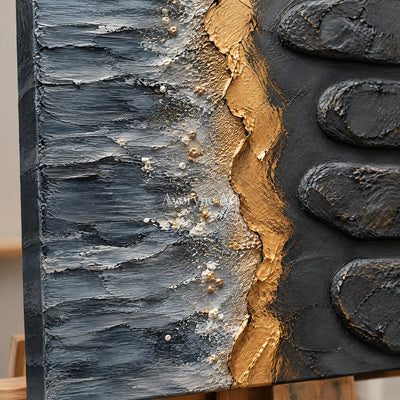 Gilded Cairn: Black Gold Abstract Art — detail easel