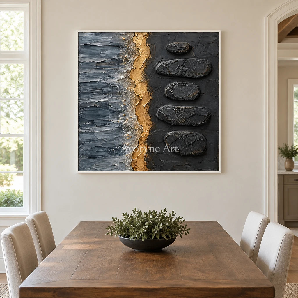Gilded Cairn: Black Gold Abstract Art — dining white