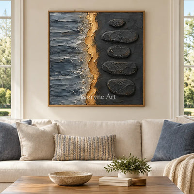 Gilded Cairn: Black Gold Abstract Art — villa wood