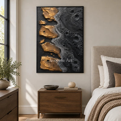 Obsidian Isles: Black Gold Abstract Art — bedroom black