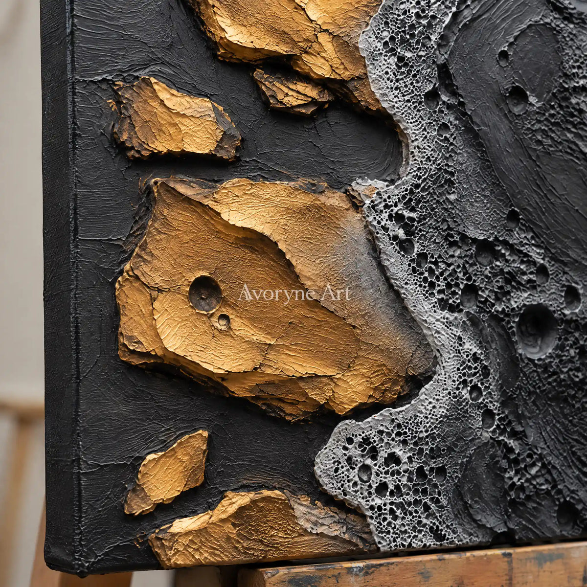 Obsidian Isles: Black Gold Abstract Art — detail easel