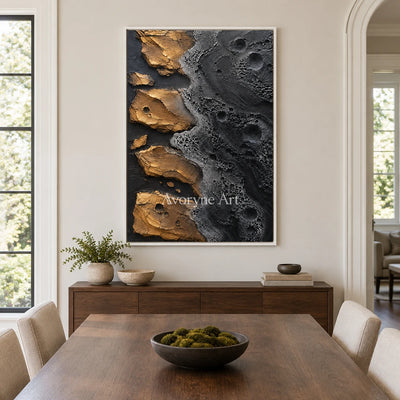 Obsidian Isles: Black Gold Abstract Art — dining white