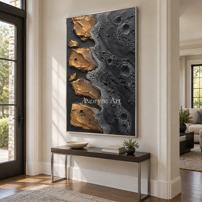 Obsidian Isles: Black Gold Abstract Art — entry silver