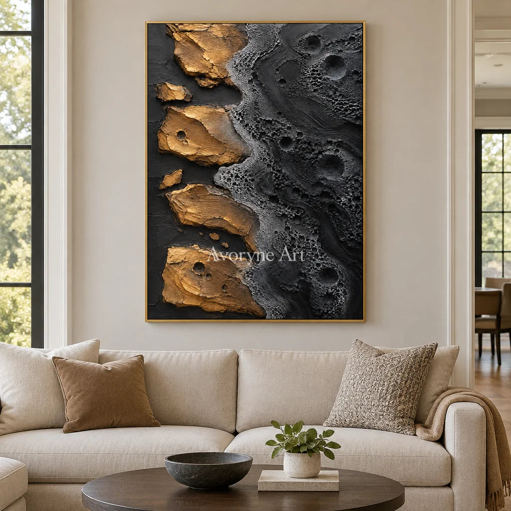 Obsidian Isles: Black Gold Abstract Art — living gold