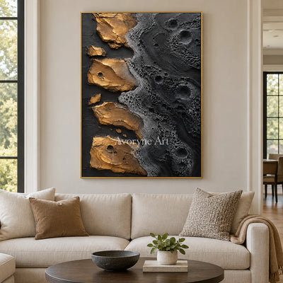 Obsidian Isles: Black Gold Abstract Art — living gold