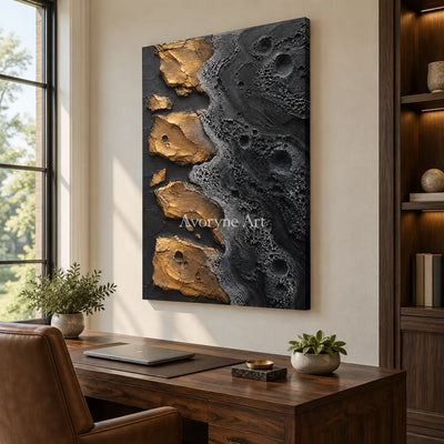 Obsidian Isles: Black Gold Abstract Art — office frameless