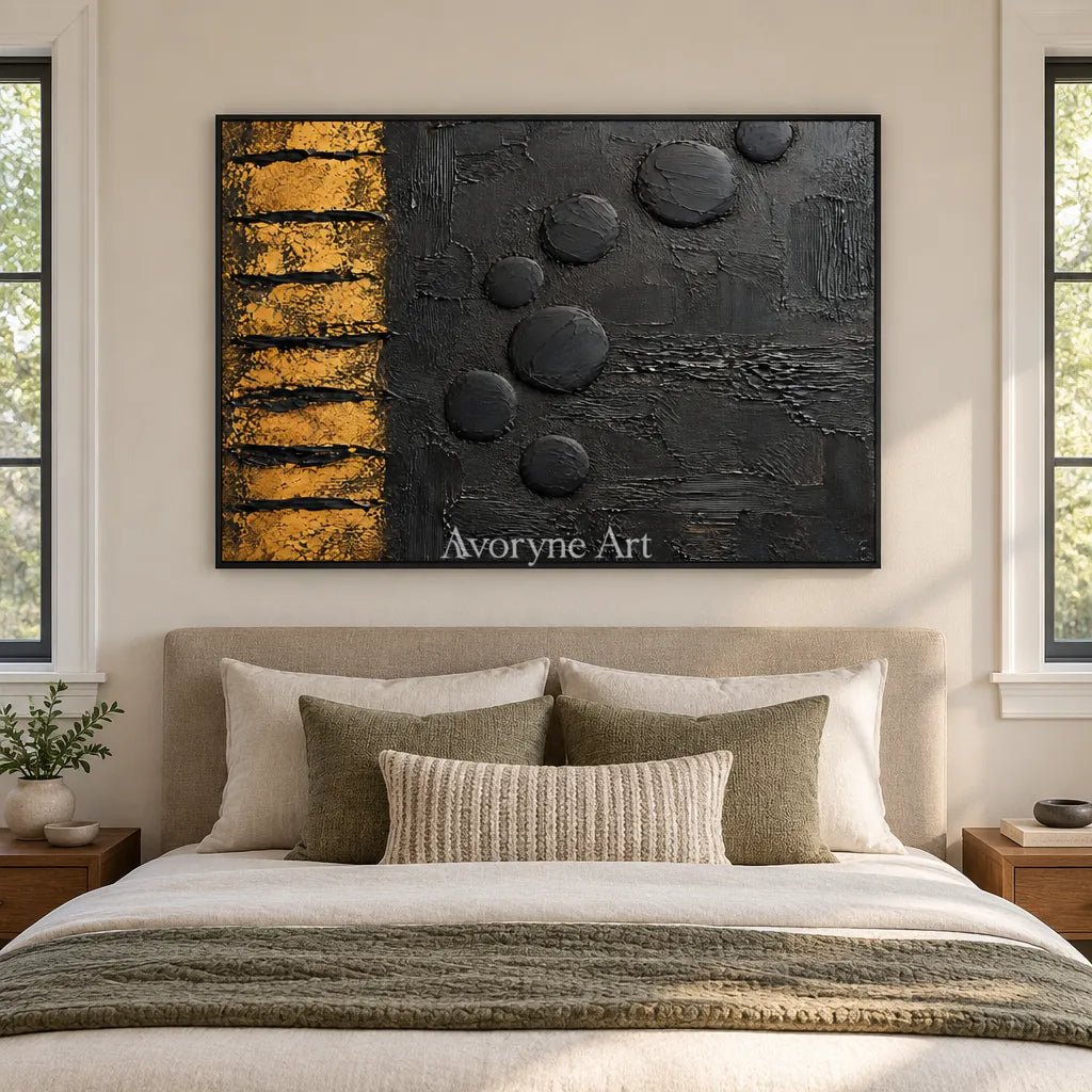 Ember Sequence: Black Gold Abstract Art — bedroom black