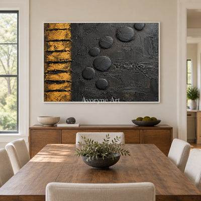 Ember Sequence: Black Gold Abstract Art — dining white