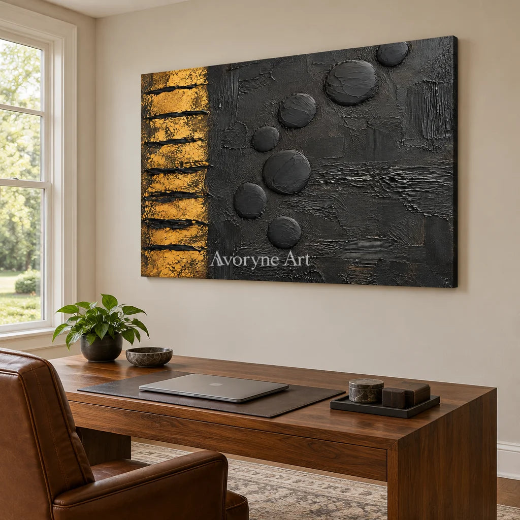 Ember Sequence: Black Gold Abstract Art — office frameless