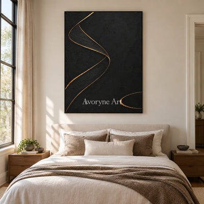 Gilded Helix: Black Gold Line Abstract Wall Art — bedroom black