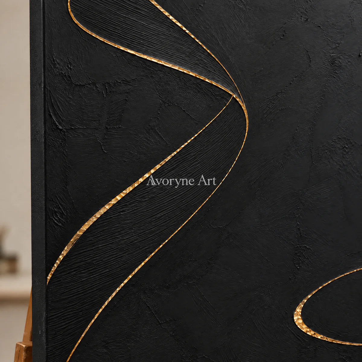 Gilded Helix: Black Gold Line Abstract Wall Art — detail easel