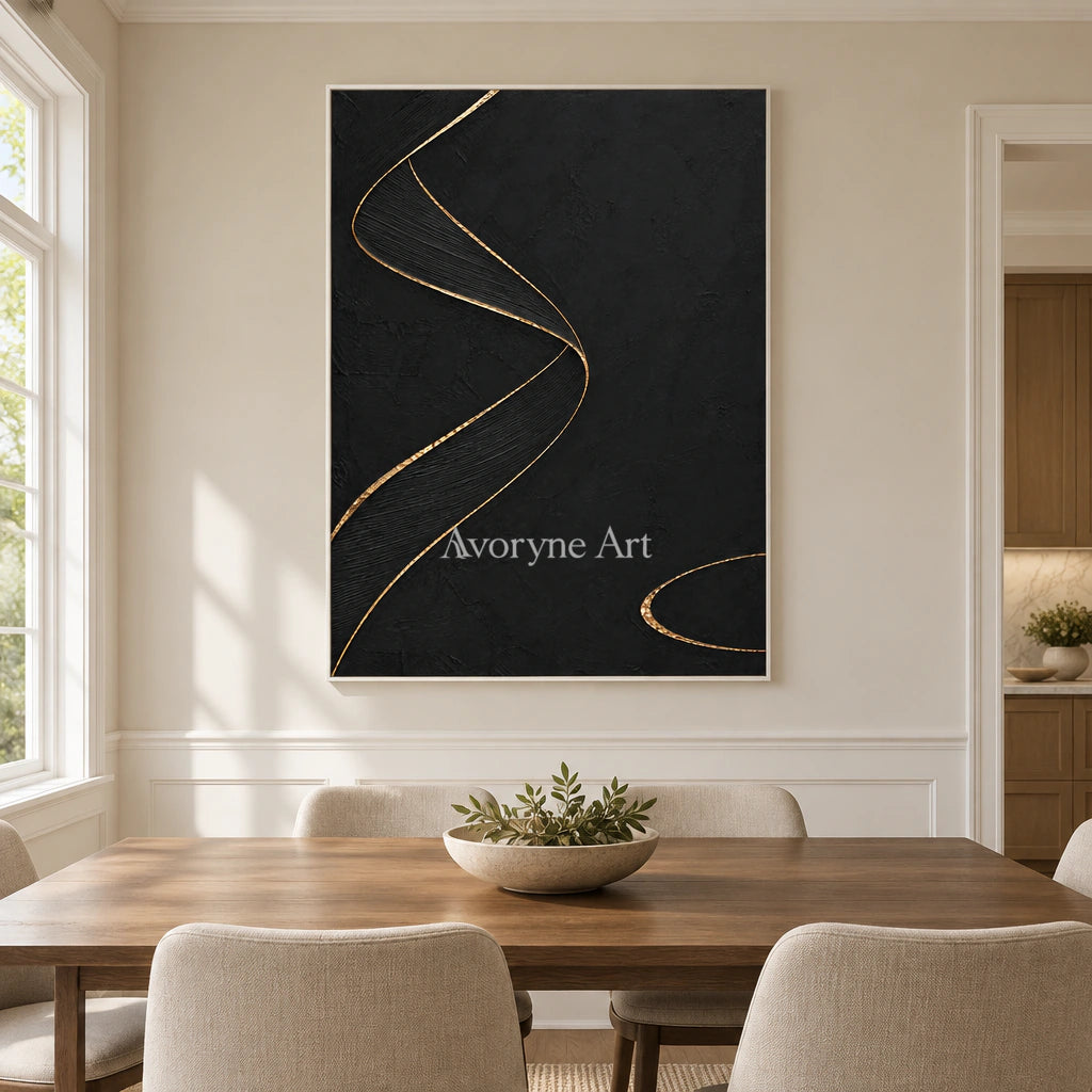 Gilded Helix: Black Gold Line Abstract Wall Art — dining white