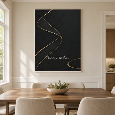 Gilded Helix: Black Gold Line Abstract Wall Art — dining white