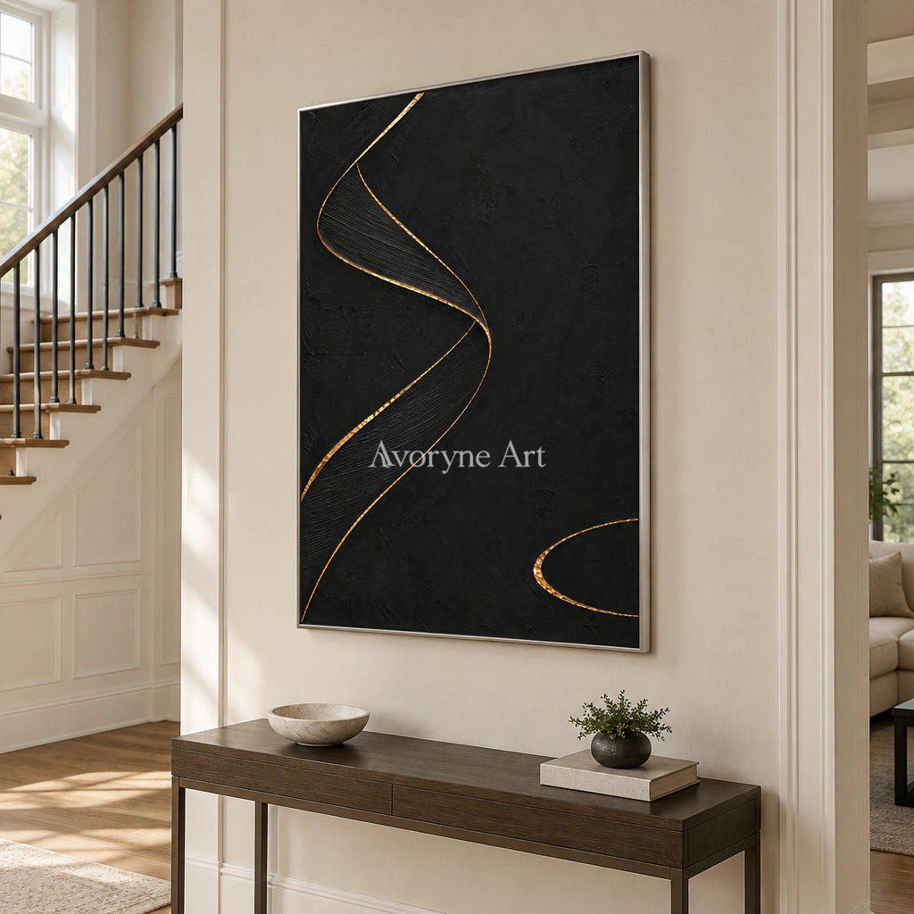 Gilded Helix: Black Gold Line Abstract Wall Art — entry silver