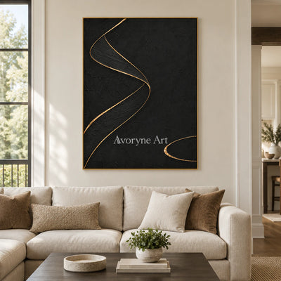 Gilded Helix: Black Gold Line Abstract Wall Art — living gold