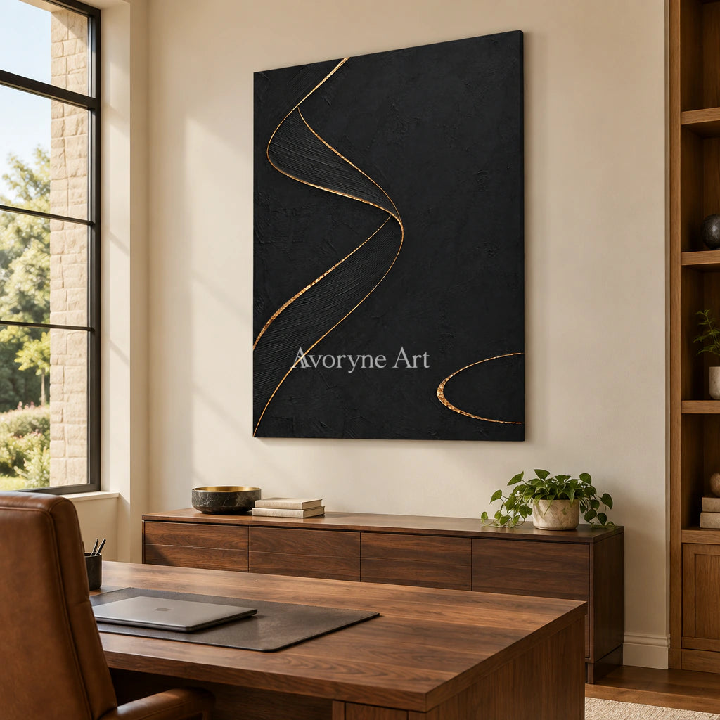 Gilded Helix: Black Gold Line Abstract Wall Art — office frameless