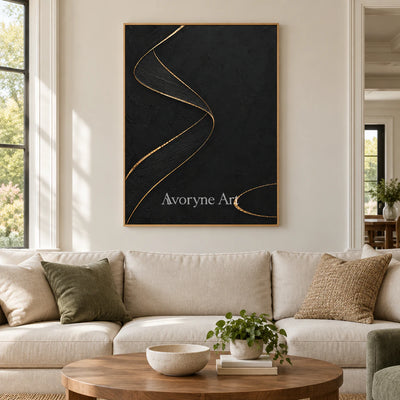 Gilded Helix: Black Gold Line Abstract Wall Art — villa wood