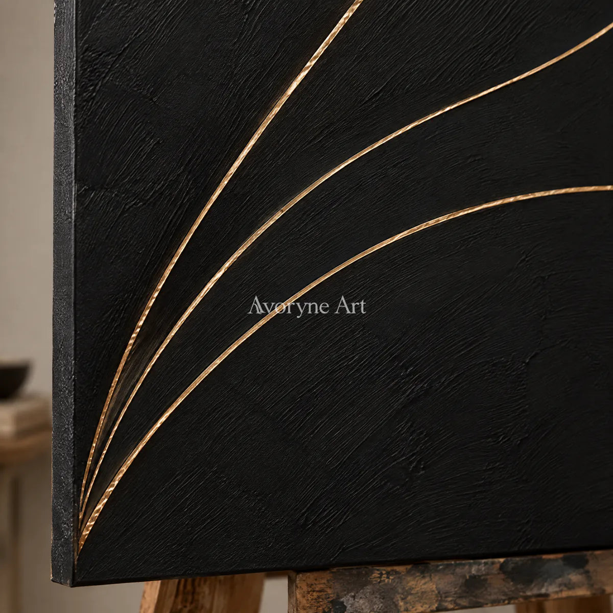 Gilded Pathways: Black Gold Line Diptych Wall Art — detail easel
