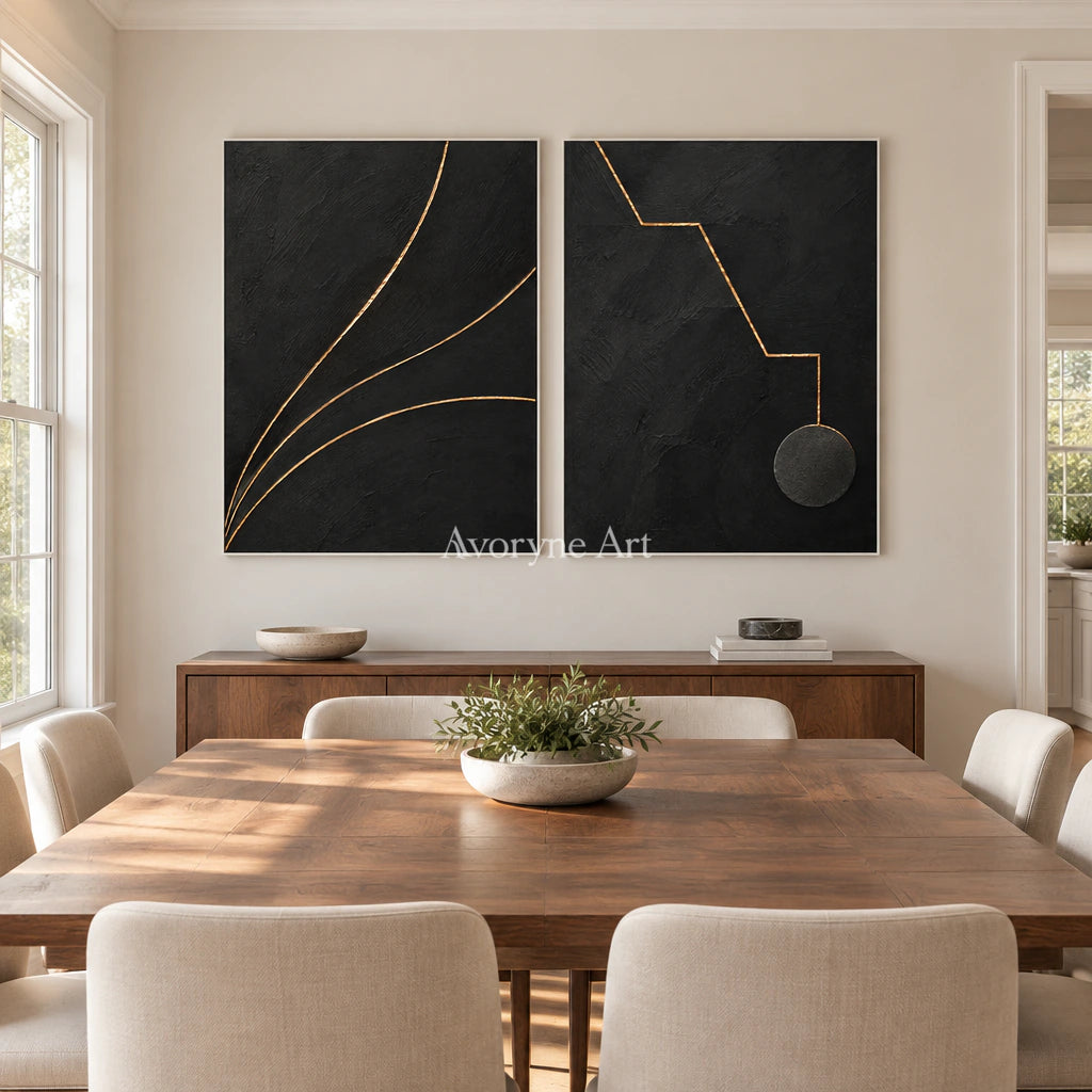 Gilded Pathways: Black Gold Line Diptych Wall Art — dining white