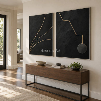 Gilded Pathways: Black Gold Line Diptych Wall Art — entry silver