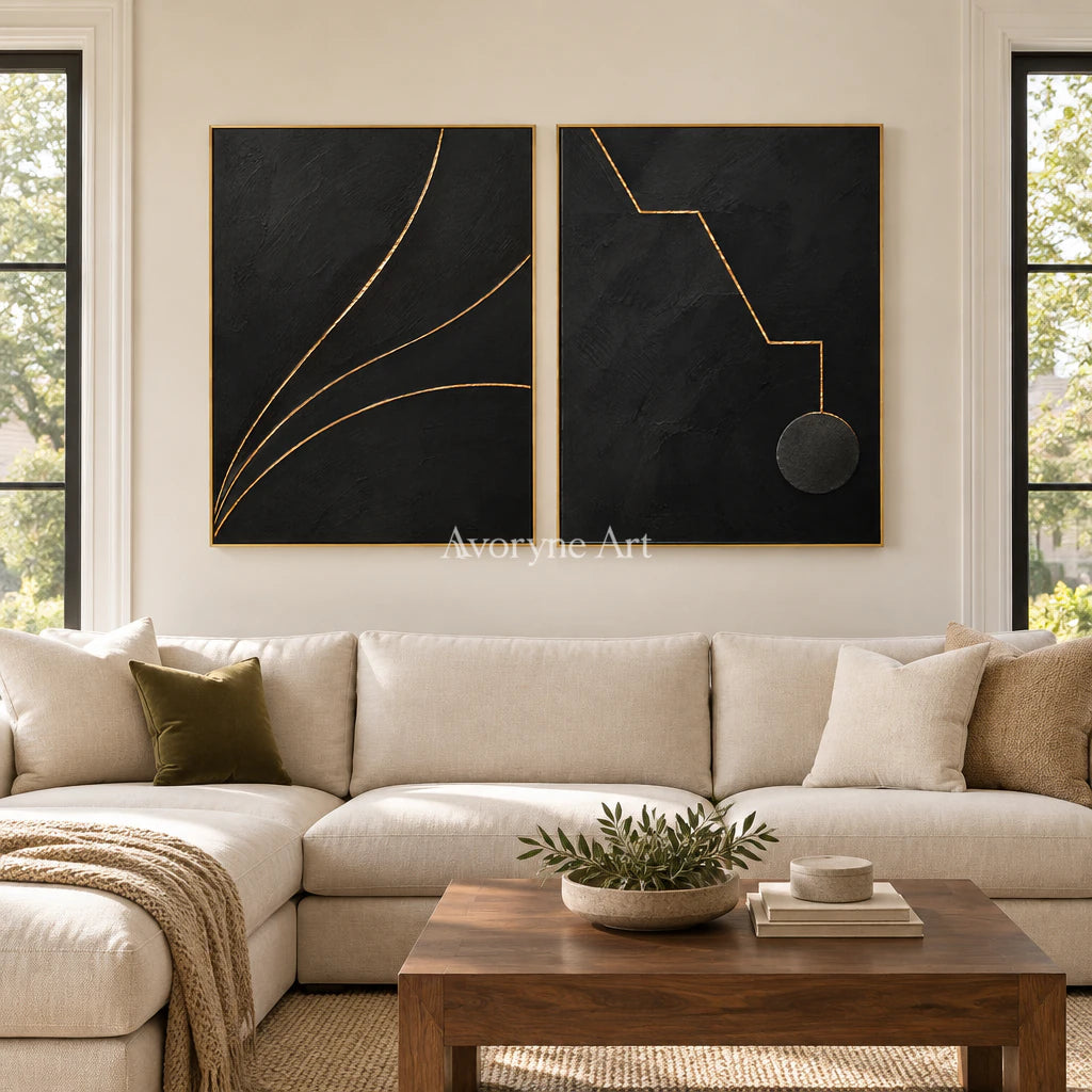 Gilded Pathways: Black Gold Line Diptych Wall Art — living gold
