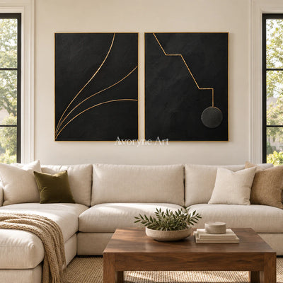 Gilded Pathways: Black Gold Line Diptych Wall Art — living gold