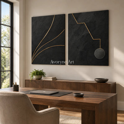 Gilded Pathways: Black Gold Line Diptych Wall Art — office frameless