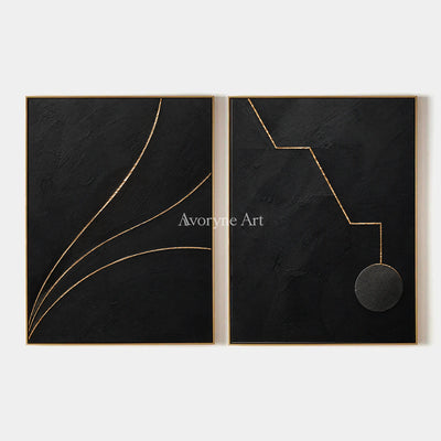 Gilded Pathways: Black Gold Line Diptych Wall Art — primary