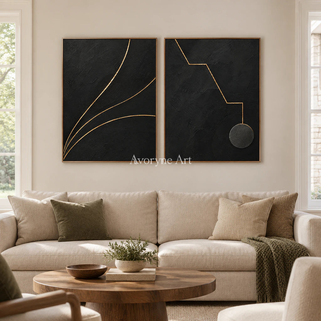 Gilded Pathways: Black Gold Line Diptych Wall Art — villa wood