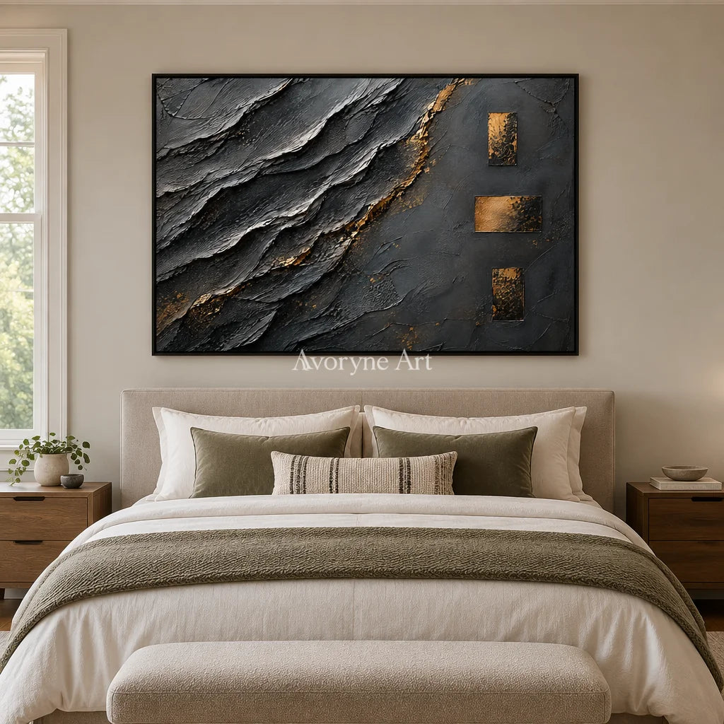 Slate Passage: Black Gold Texture Art — bedroom black