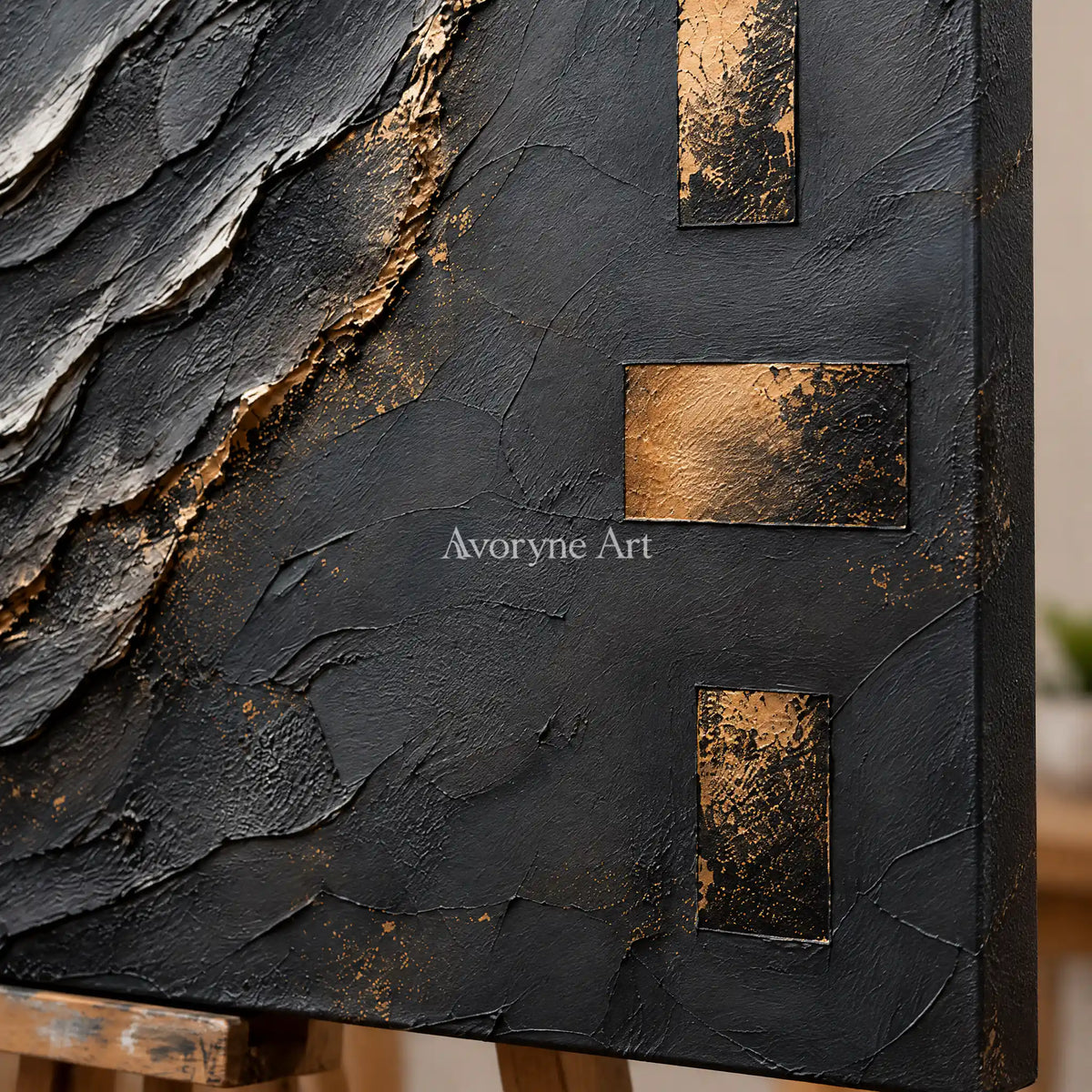 Slate Passage: Black Gold Texture Art — detail easel
