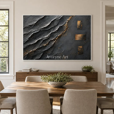 Slate Passage: Black Gold Texture Art — dining white