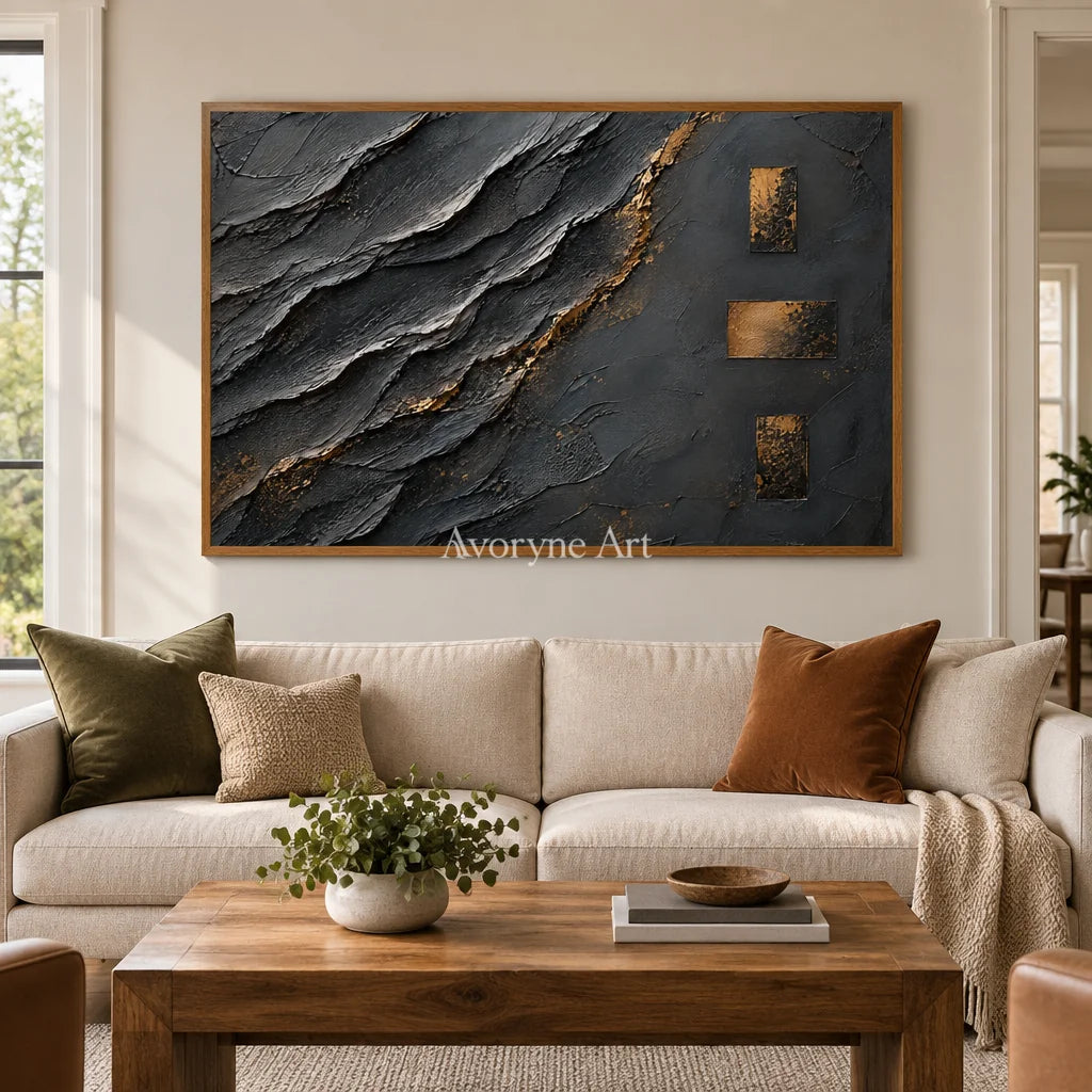 Slate Passage: Black Gold Texture Art — villa wood