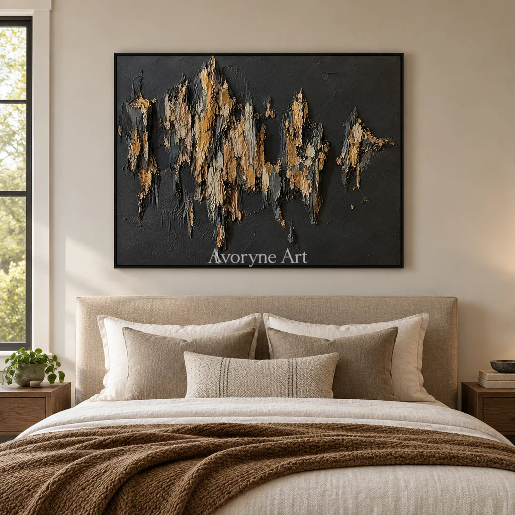 Gilded Ridge: Black Gold Textured Abstract Art — bedroom black
