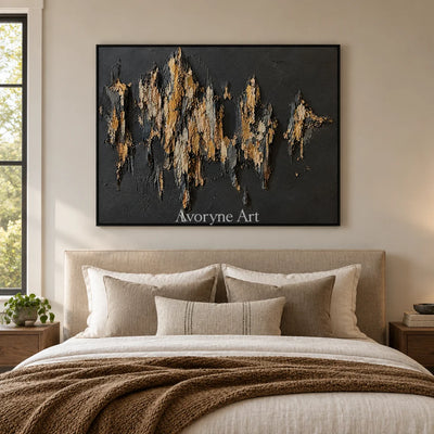 Gilded Ridge: Black Gold Textured Abstract Art — bedroom black