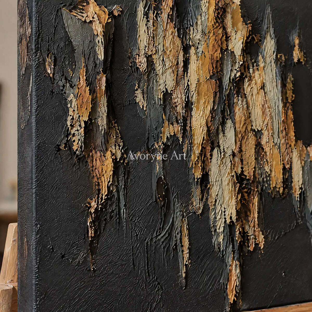 Gilded Ridge: Black Gold Textured Abstract Art — detail easel