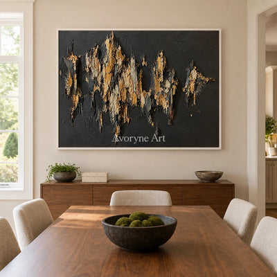 Gilded Ridge: Black Gold Textured Abstract Art — dining white