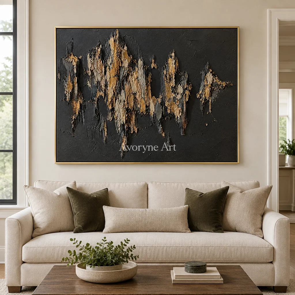 Gilded Ridge: Black Gold Textured Abstract Art — living gold