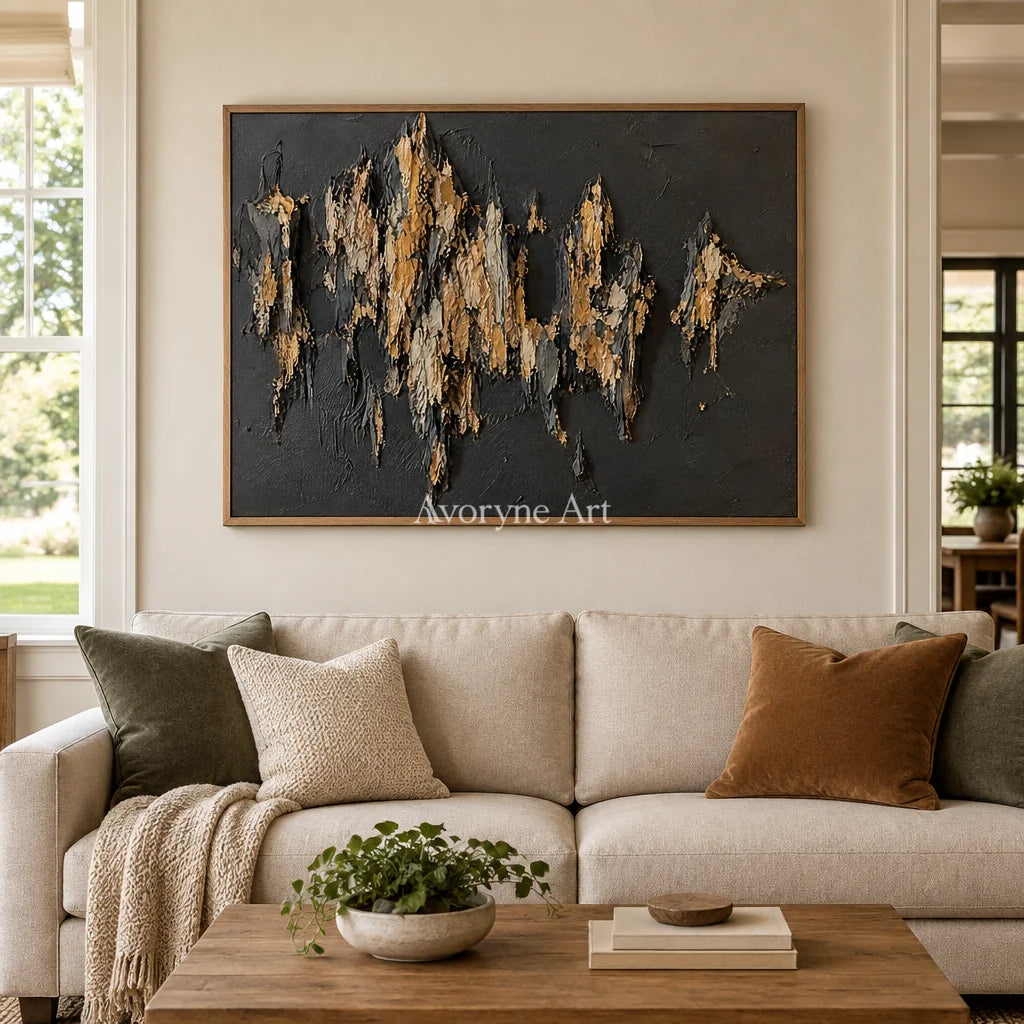 Gilded Ridge: Black Gold Textured Abstract Art — villa wood