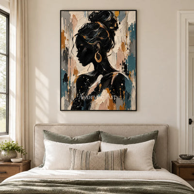 Gilded Profile: Black Gold Woman Portrait Wall Art — bedroom black