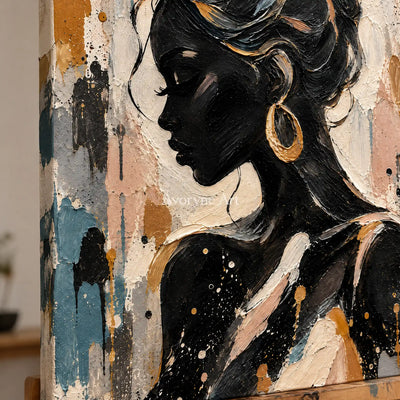 Gilded Profile: Black Gold Woman Portrait Wall Art — detail easel