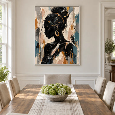 Gilded Profile: Black Gold Woman Portrait Wall Art — dining white