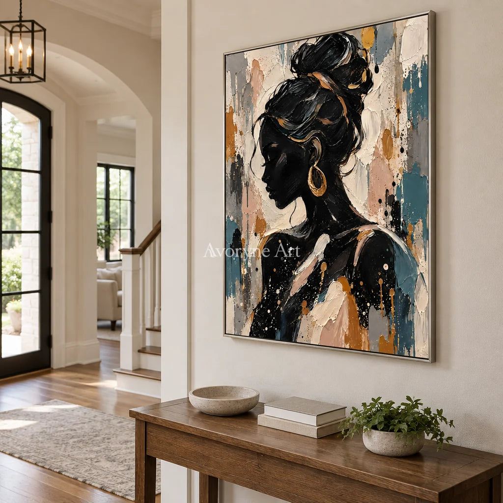 Gilded Profile: Black Gold Woman Portrait Wall Art — entry silver