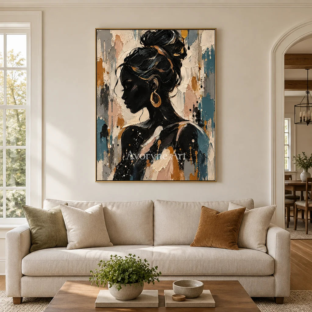 Gilded Profile: Black Gold Woman Portrait Wall Art — living gold