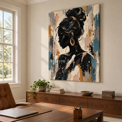 Gilded Profile: Black Gold Woman Portrait Wall Art — office frameless